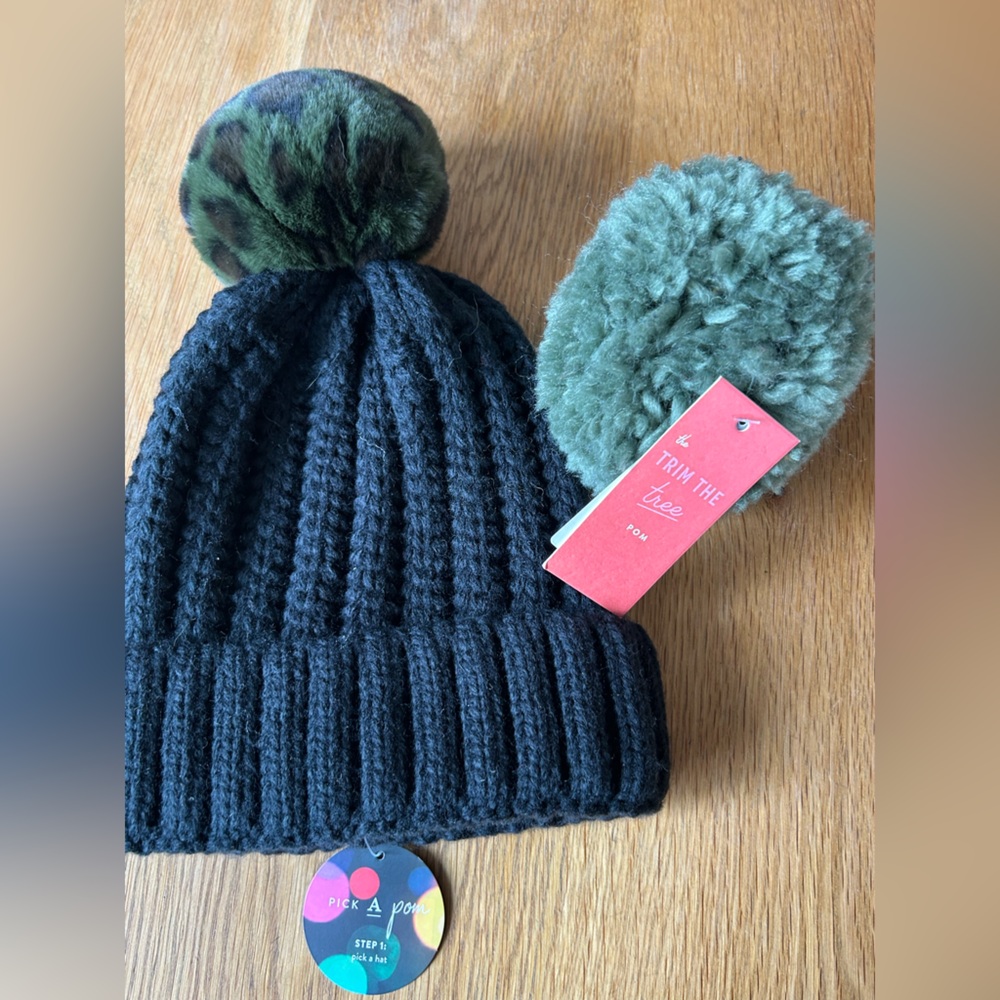 Anthropologie Black Pom-Pom Hat, includes leopard print  Pom Pom and green Pom
